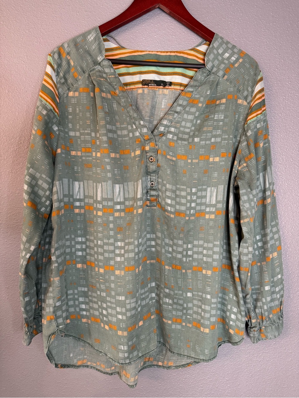 Prana Sage Green Geometric Henley Long Sleeve Blouse with Orange Accents XL